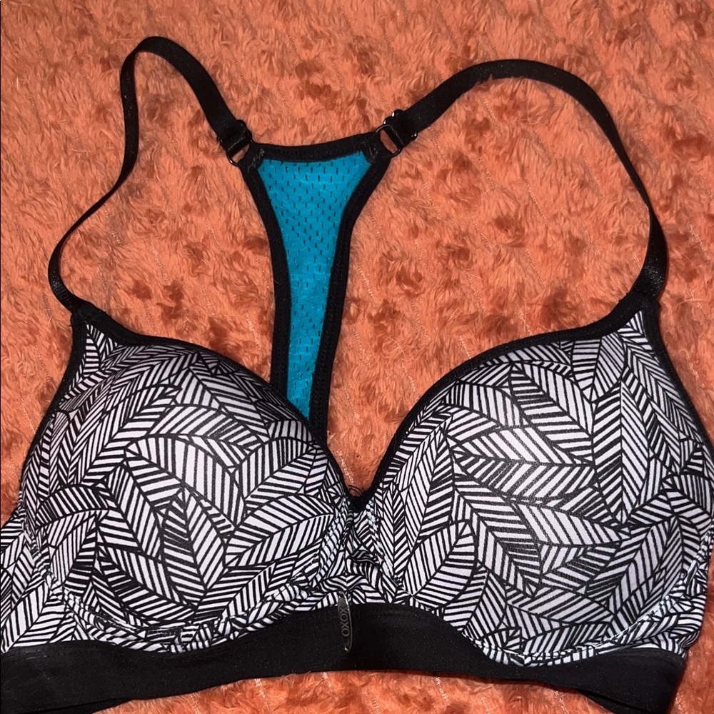 XOXO Black and White Geometric Bra with Blue Mesh Accent